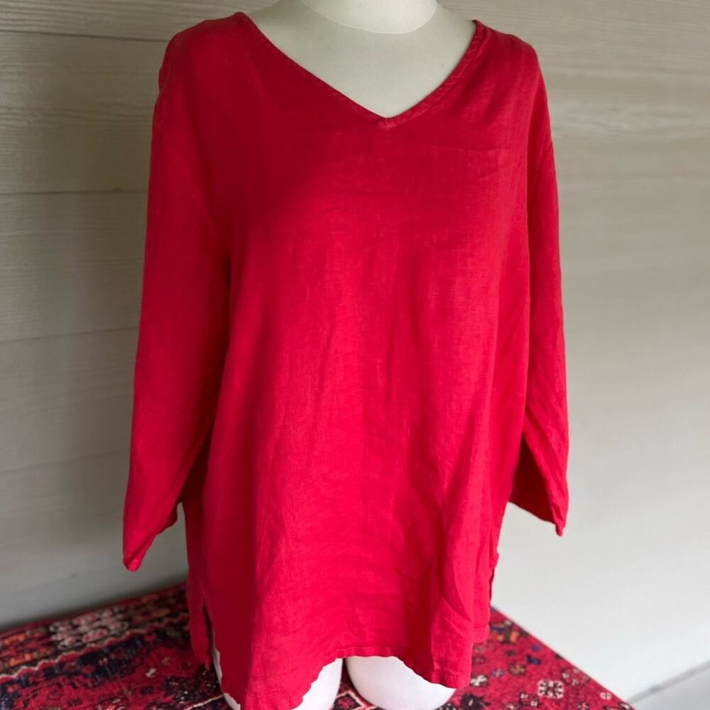 Match Point USA Red 100% Linen Loose 3/4 Sleeve Tunic Top Sz L